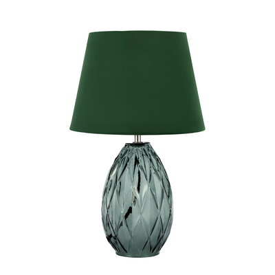 Green table lamp with textured glass base and green fabric shade for home lighting decor