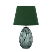 Table lamp with dark green fabric shade and textured glass base for stylish home lighting