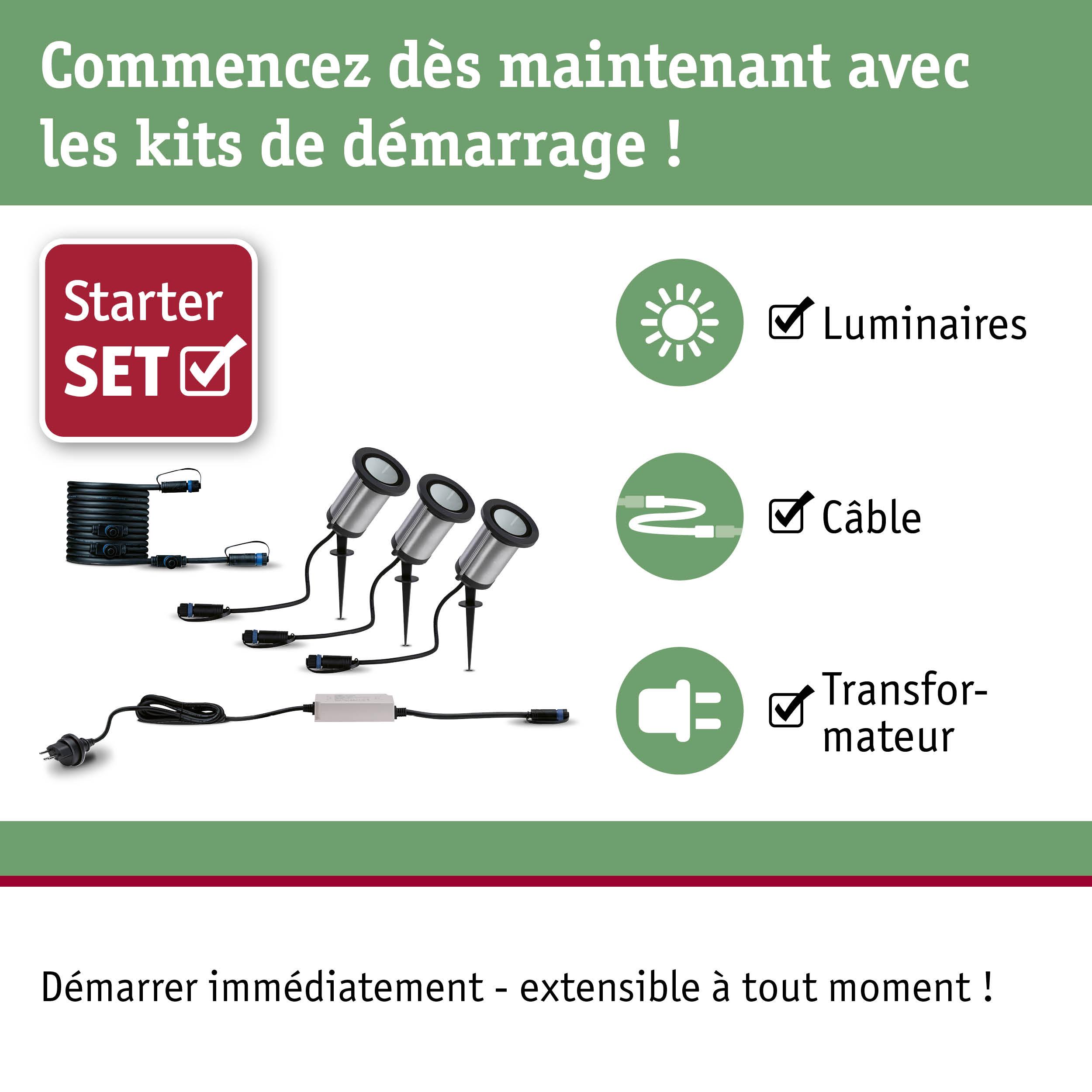 Kit de démarrage avec trois lampes LED argentées, câble et transformateur pour éclairage extérieur