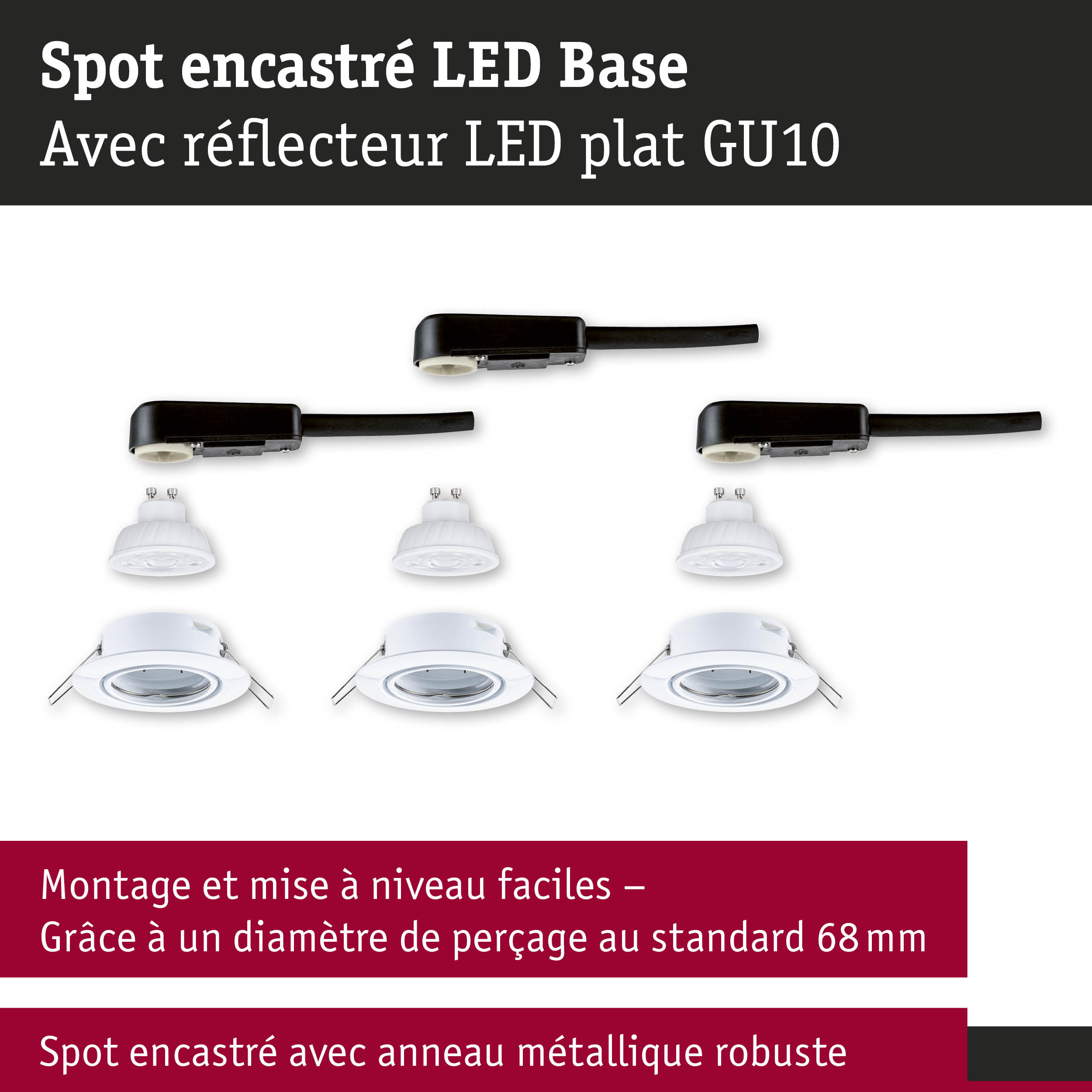 Spot encastré LED avec réflecteur plat GU10 et anneau métallique robuste blanc pour montage au plafond