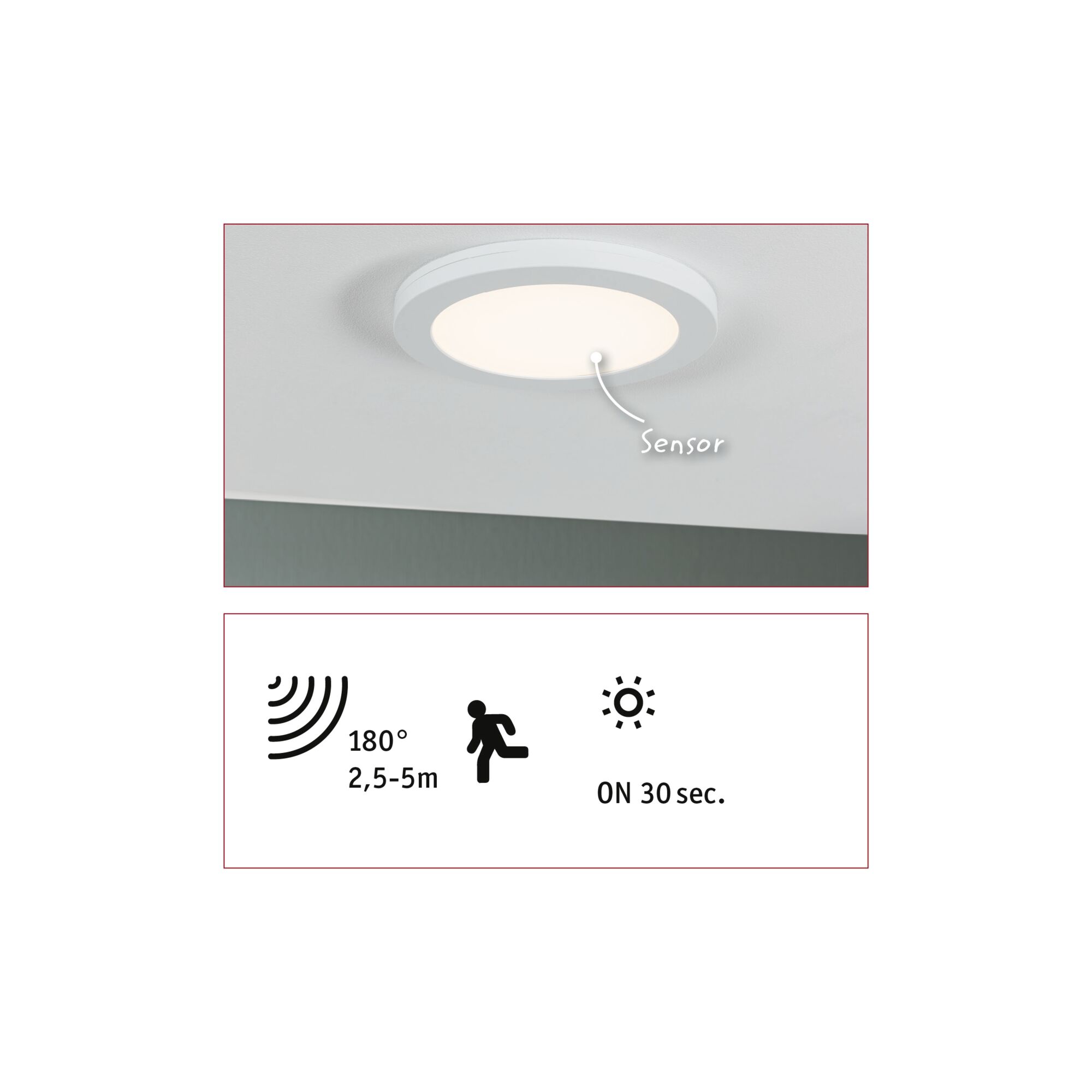 Round white LED ceiling light with built-in motion sensor and 30 seconds on-time