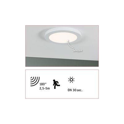Round white LED ceiling light with built-in motion sensor and 30 seconds on-time