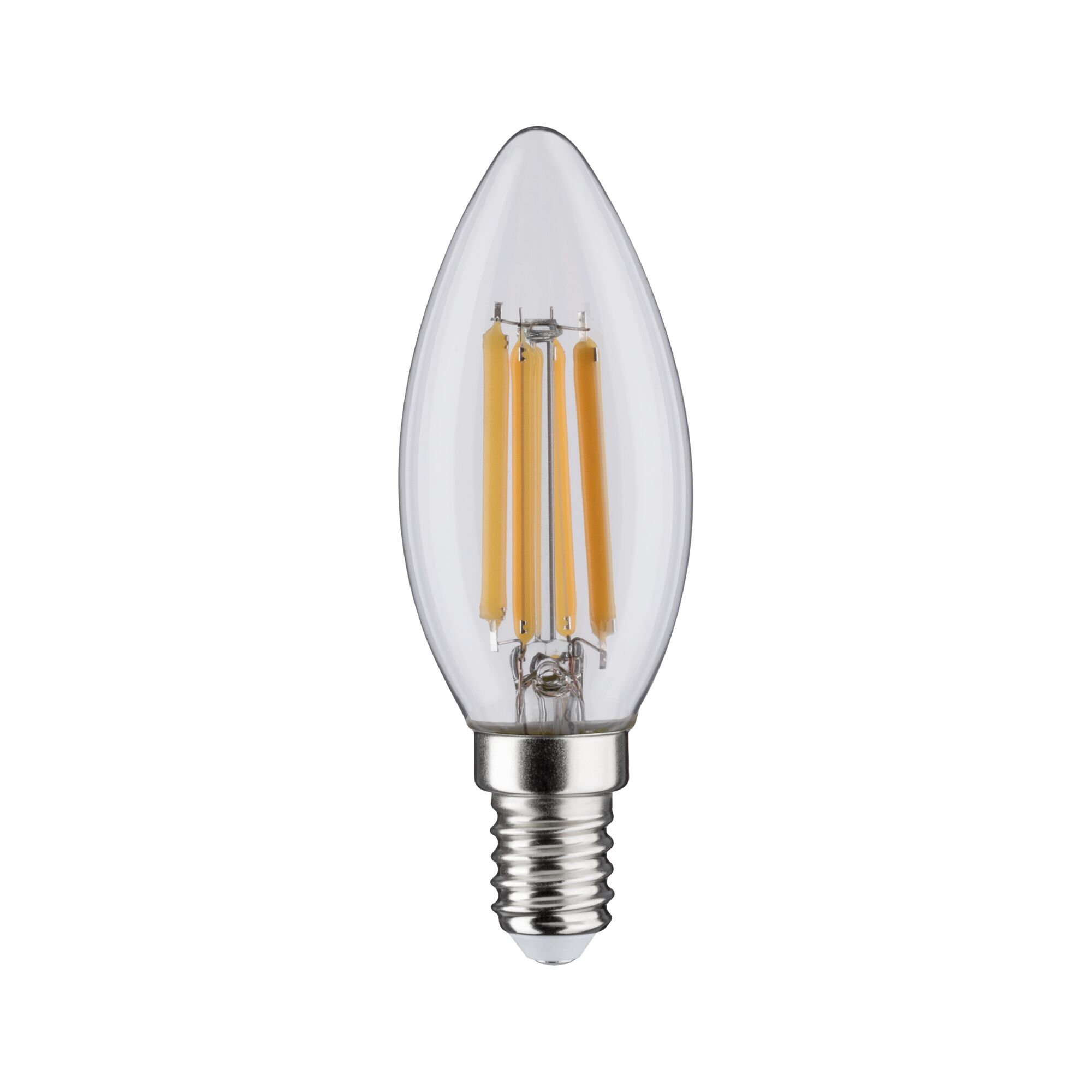 Clear LED filament candle bulb with E14 base and warm white light for energy-efficient lighting