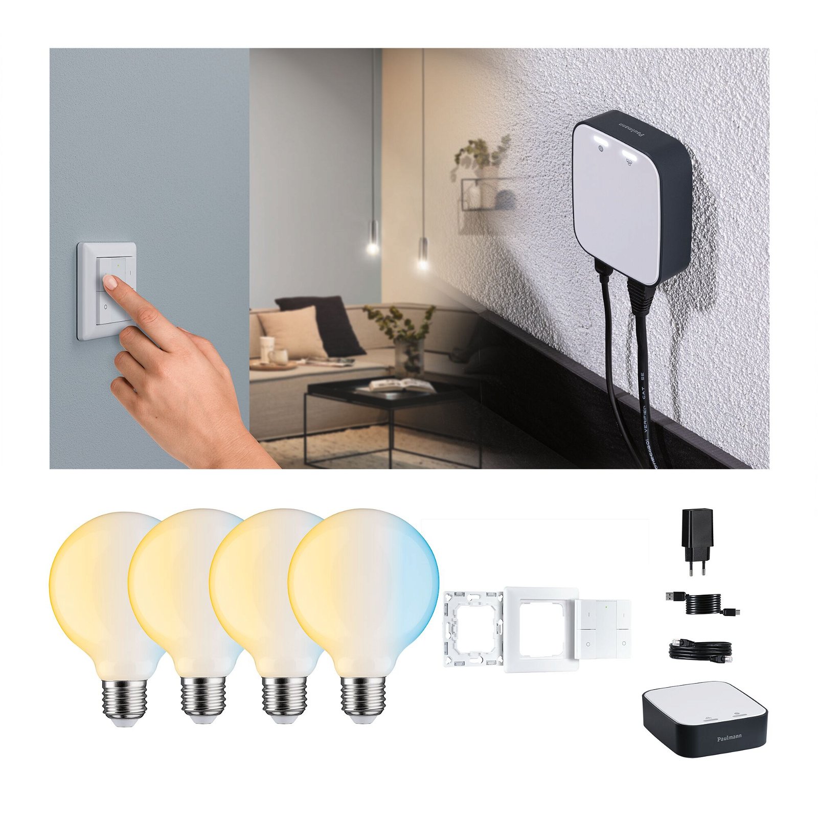 Startsets met prijsvoordeel Zigbee 3.0 Smart Home smik Gateway + Filament 230V LED-lamp E27 + Wandknop
