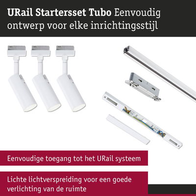 URail Starterset Tubo met drie witte LED-spotlights en railsysteem voor flexibele verlichting