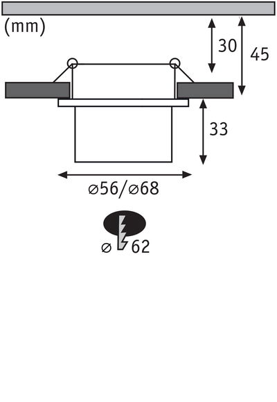 Dessin technique avec dimensions en mm d’une découpe pour spot encastré diamètre 56 à 68 mm.