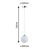 Suspension avec verre blanc et support chromé, 110 cm de long, 20 cm de diamètre, lampe LED