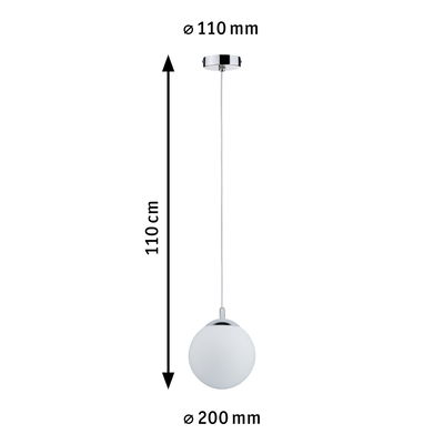 Suspension avec verre blanc et support chromé, 110 cm de long, 20 cm de diamètre, lampe LED
