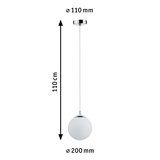 Suspension avec verre blanc et support chromé, 110 cm de long, 20 cm de diamètre, lampe LED