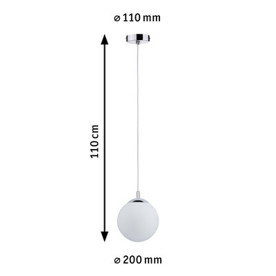 Pendant light with white glass and chrome mount, 110 cm length, 20 cm diameter, LED lamp