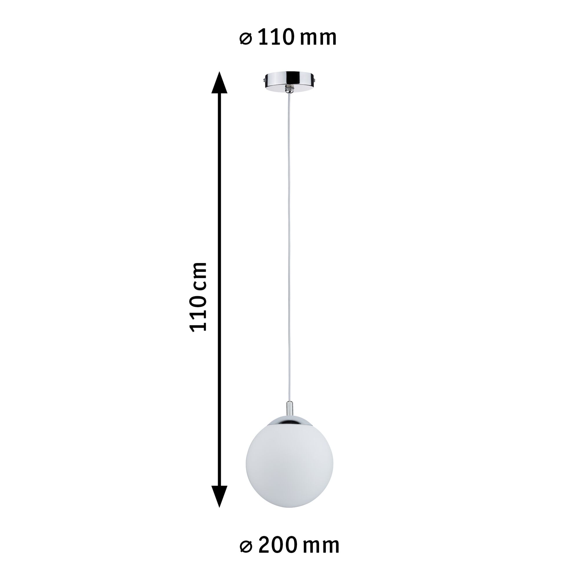 Hanglamp met wit glas en chromen houder, 110 cm lang, 20 cm diameter, LED-lamp