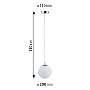 Pendant light with white glass and chrome mount, 110 cm length, 20 cm diameter, modern LED lighting fixture