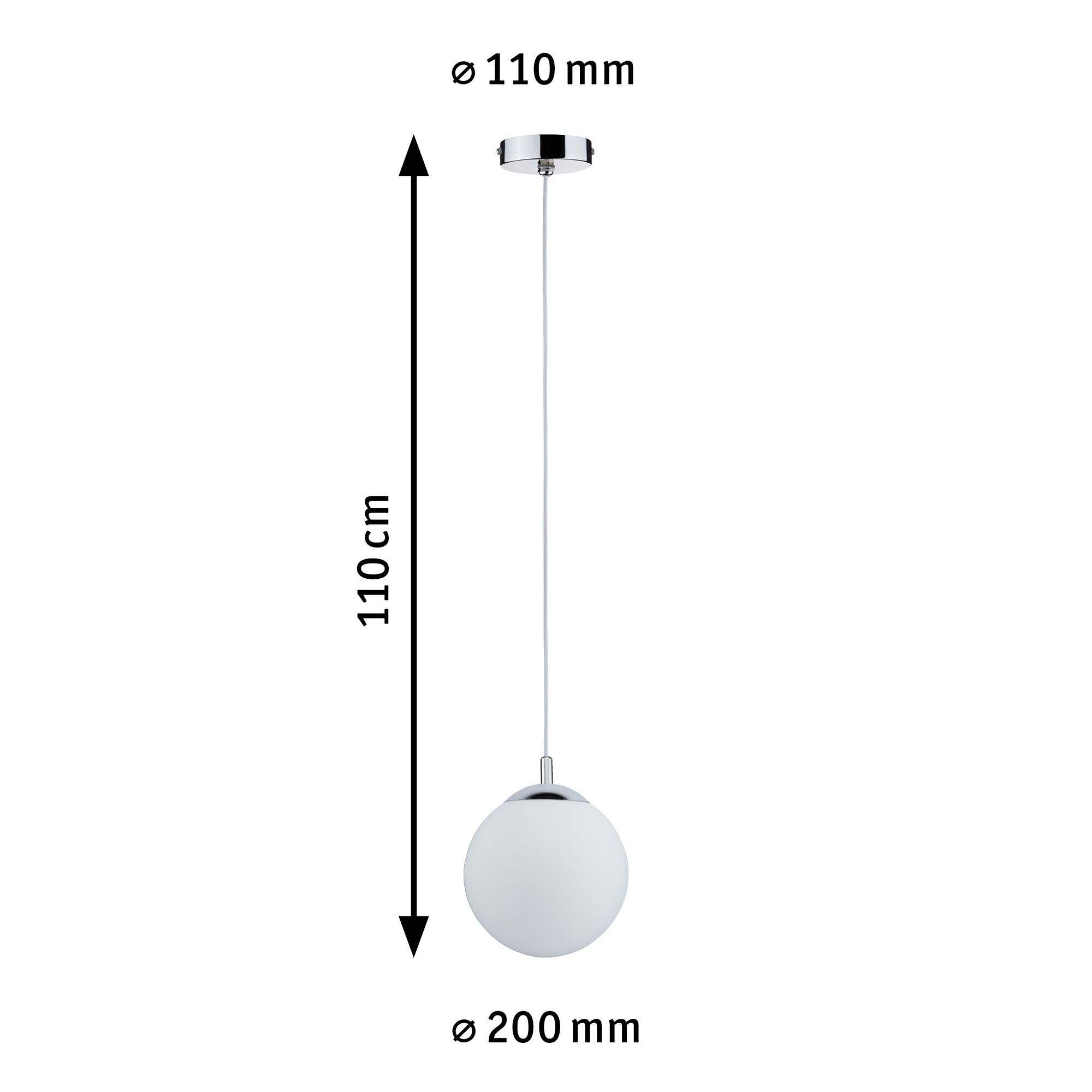 Pendant light with white glass and chrome mount, 110 cm length, 20 cm diameter, modern LED lighting fixture