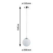 Pendant light with white glass and chrome mount, 110 cm length, 20 cm diameter, modern LED lighting fixture