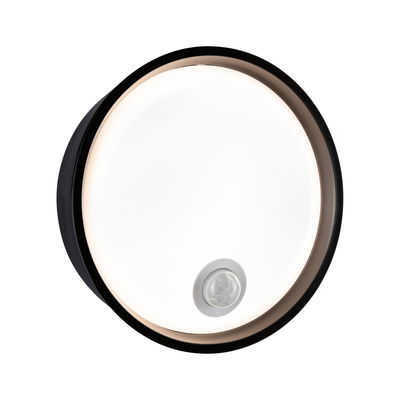 Round LED ceiling light with black frame and built-in motion sensor for energy-efficient lighting