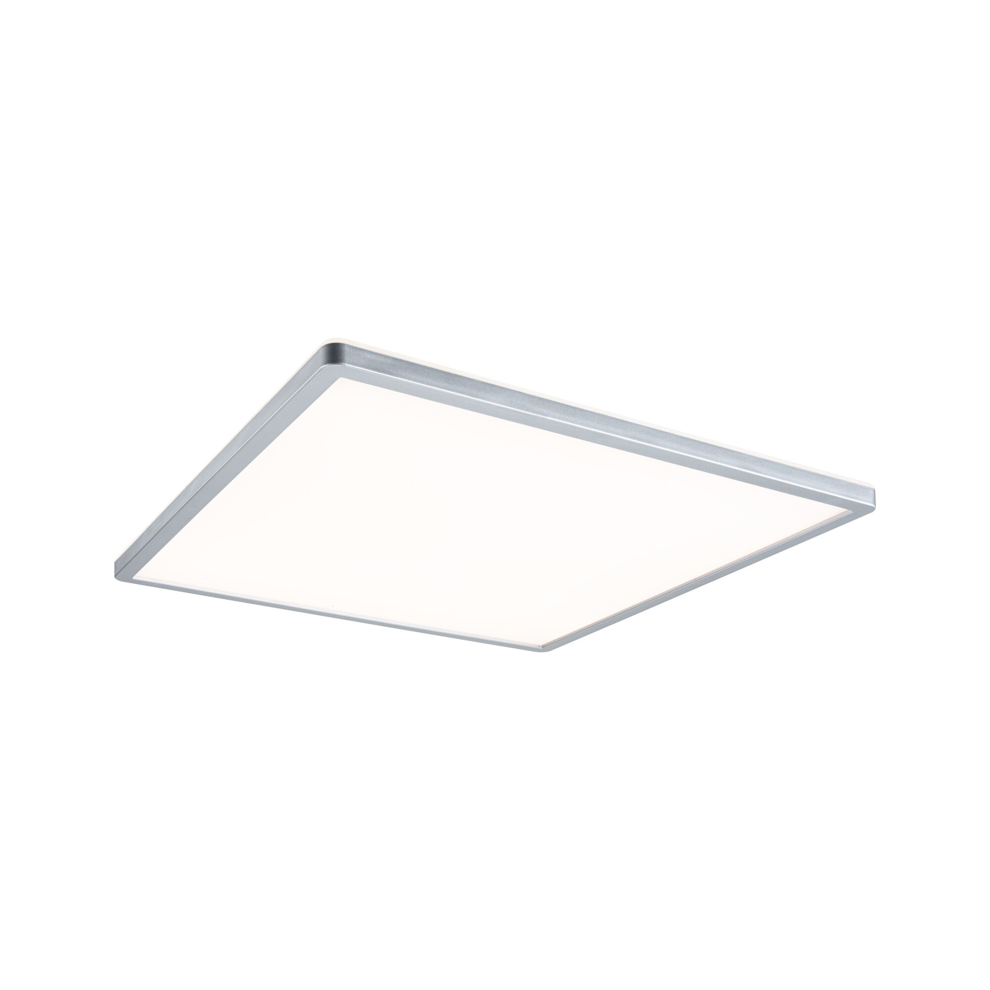 LED Panel 3-Step-Dim Atria Shine Backlight angular 420x420mm 22W 2200lm 3000K Chrome matt dimmable Square LED ceiling light with silver aluminium frame and white diffuser for modern lighting solutions