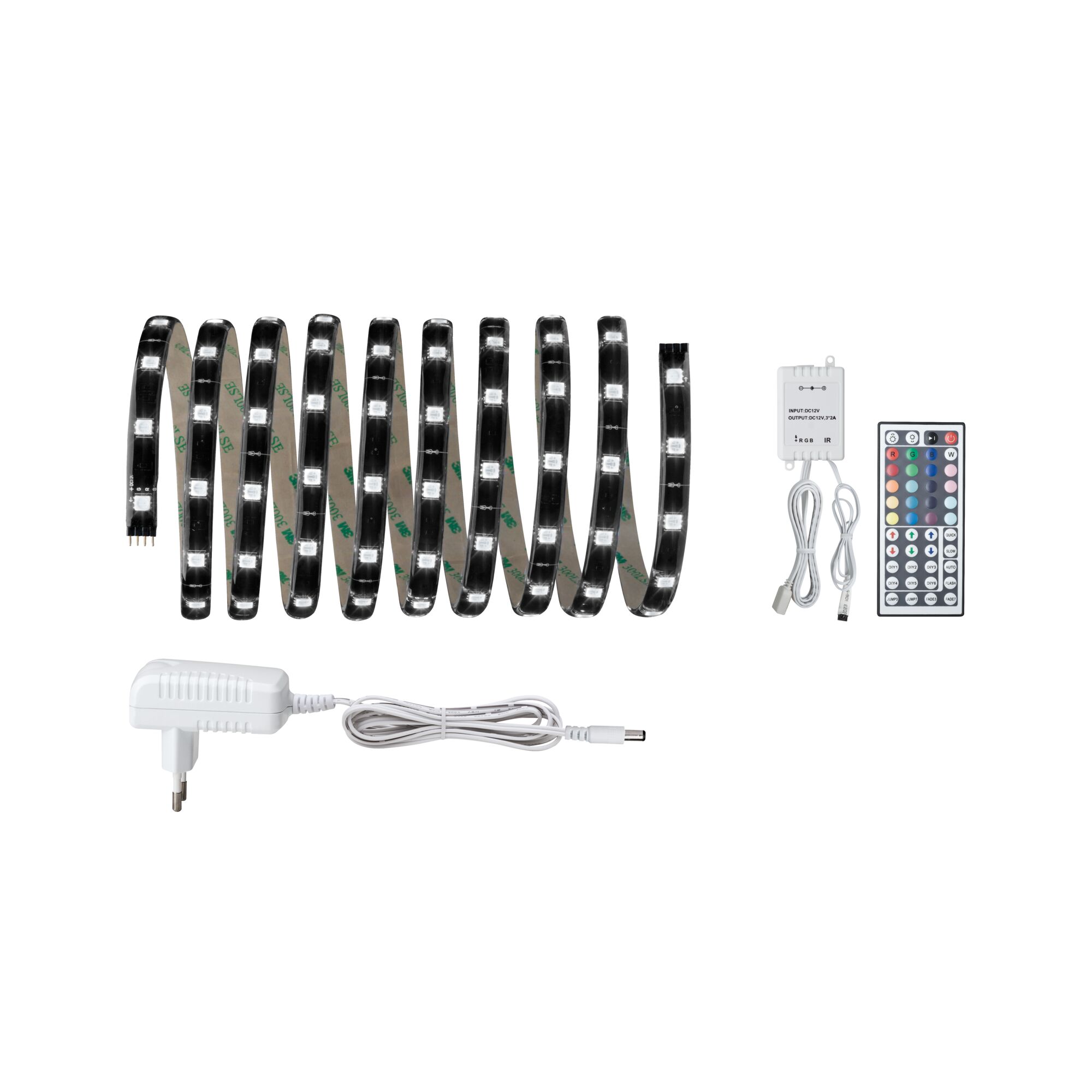 YourLED Strip LED Produits de deuxième choix RGB 3m revêtue 17,8W 183lm/m 39 LEDs/m RGB 24VA Bande LED avec dos noir, alimentation et télécommande pour contrôle des couleurs