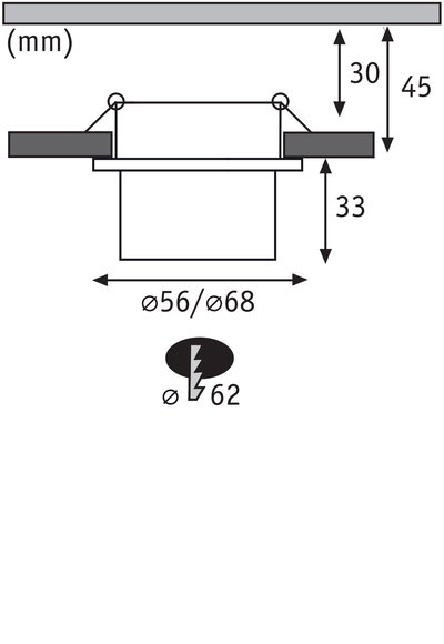 Schéma technique indiquant les dimensions de découpe pour spot encastré de 56 à 68 mm de diamètre.