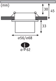 Schéma technique avec dimensions pour spot encastré Ø56/68 mm, profondeur d'installation 33 mm, hauteur 45 mm