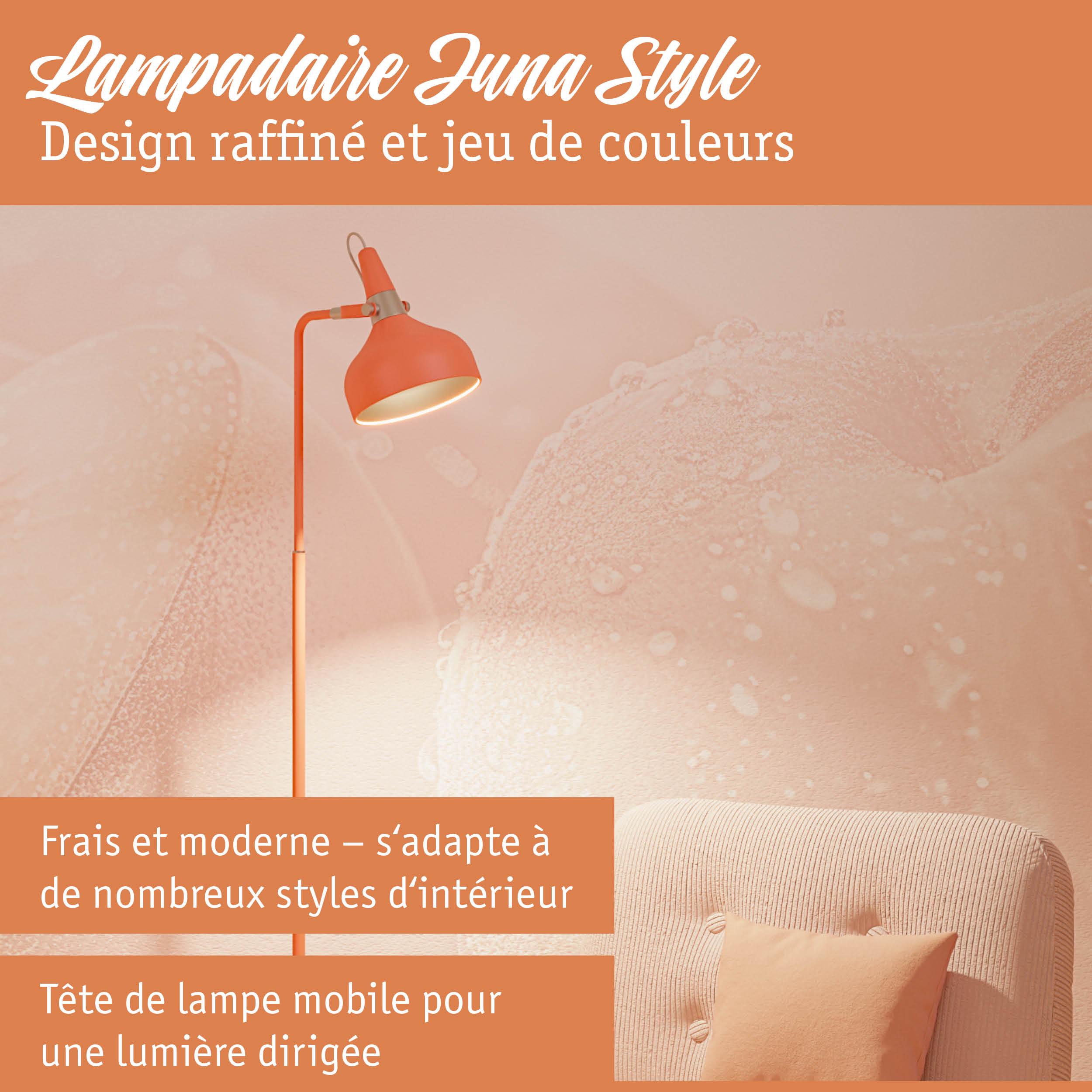 Lampadaire orange en métal avec tête mobile pour lumière dirigée, adapté aux intérieurs modernes