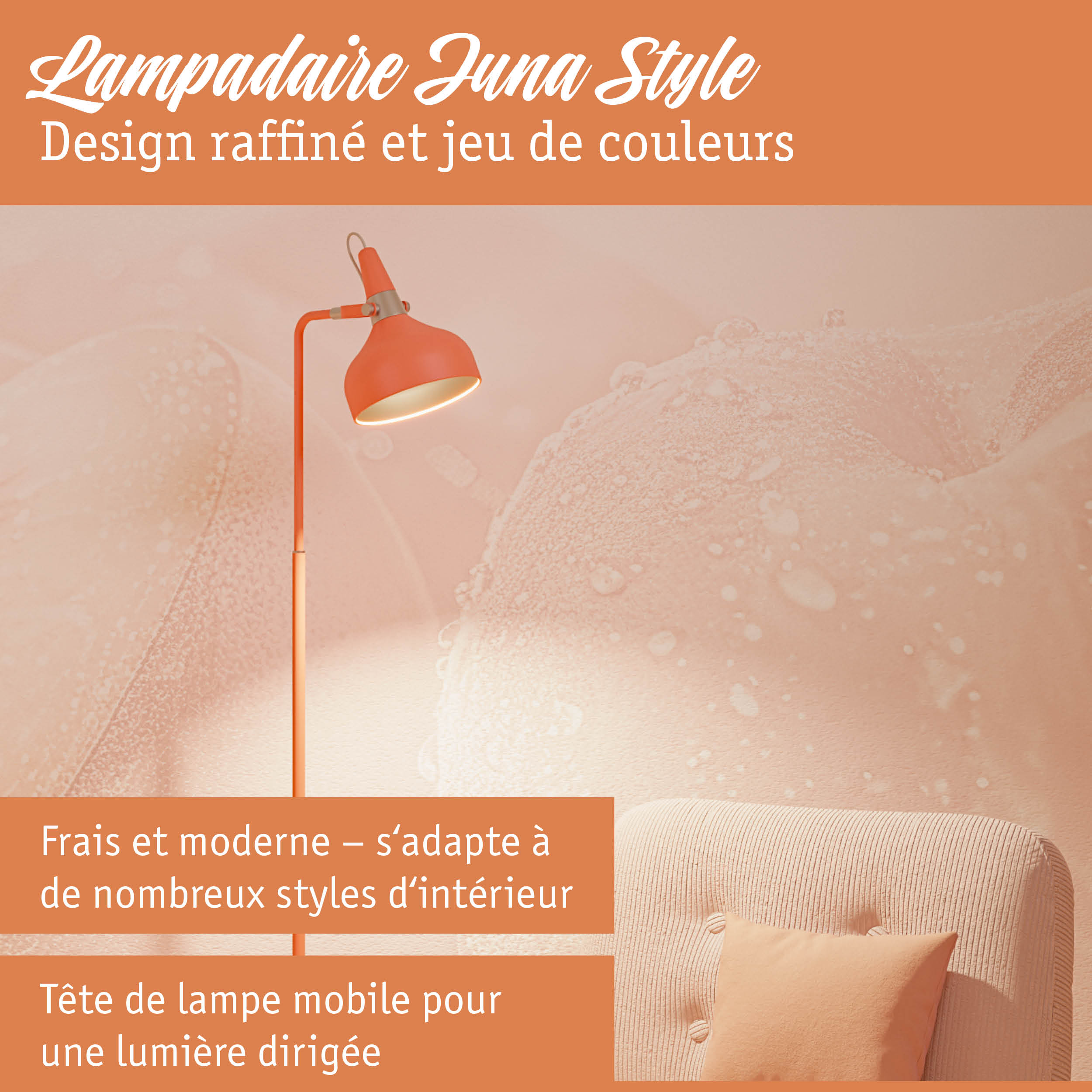 Lampadaire orange en métal avec tête réglable pour un éclairage dirigé dans le salon