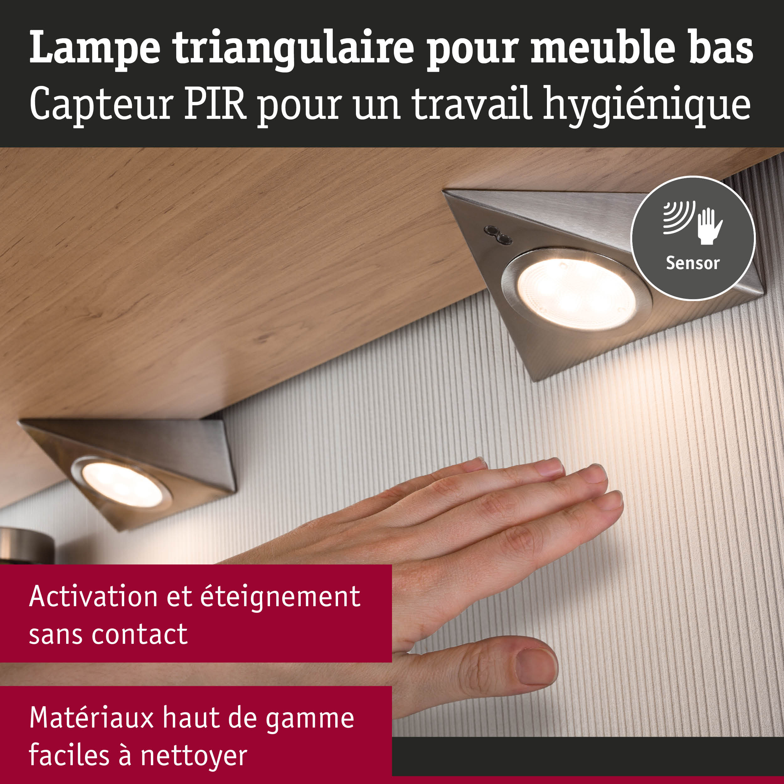 Lampe triangulaire en acier inoxydable pour meuble bas avec capteur PIR pour activation sans contact