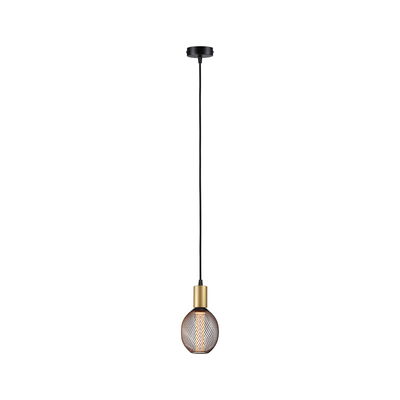Modern pendant light with black cord, gold metal socket, and brown mesh lampshade for stylish lighting