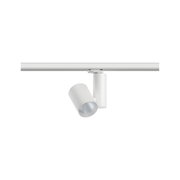Weißer LED-Strahler aus Metall an Schienensystem für flexible Raumbeleuchtung