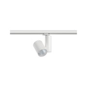 Weißer LED-Strahler aus Metall an Schienensystem für flexible Raumbeleuchtung