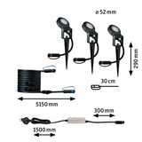 Three black LED garden spotlights with ground spikes and cables, dimensions and power cord shown.