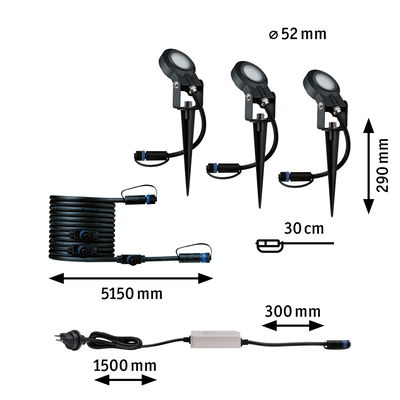 Three black LED garden spotlights with ground spikes and cables, dimensions and power cord shown.