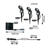Drei schwarze LED-Gartenstrahler mit Erdspießen und Kabeln, Maße und Anschlusskabel dargestellt.