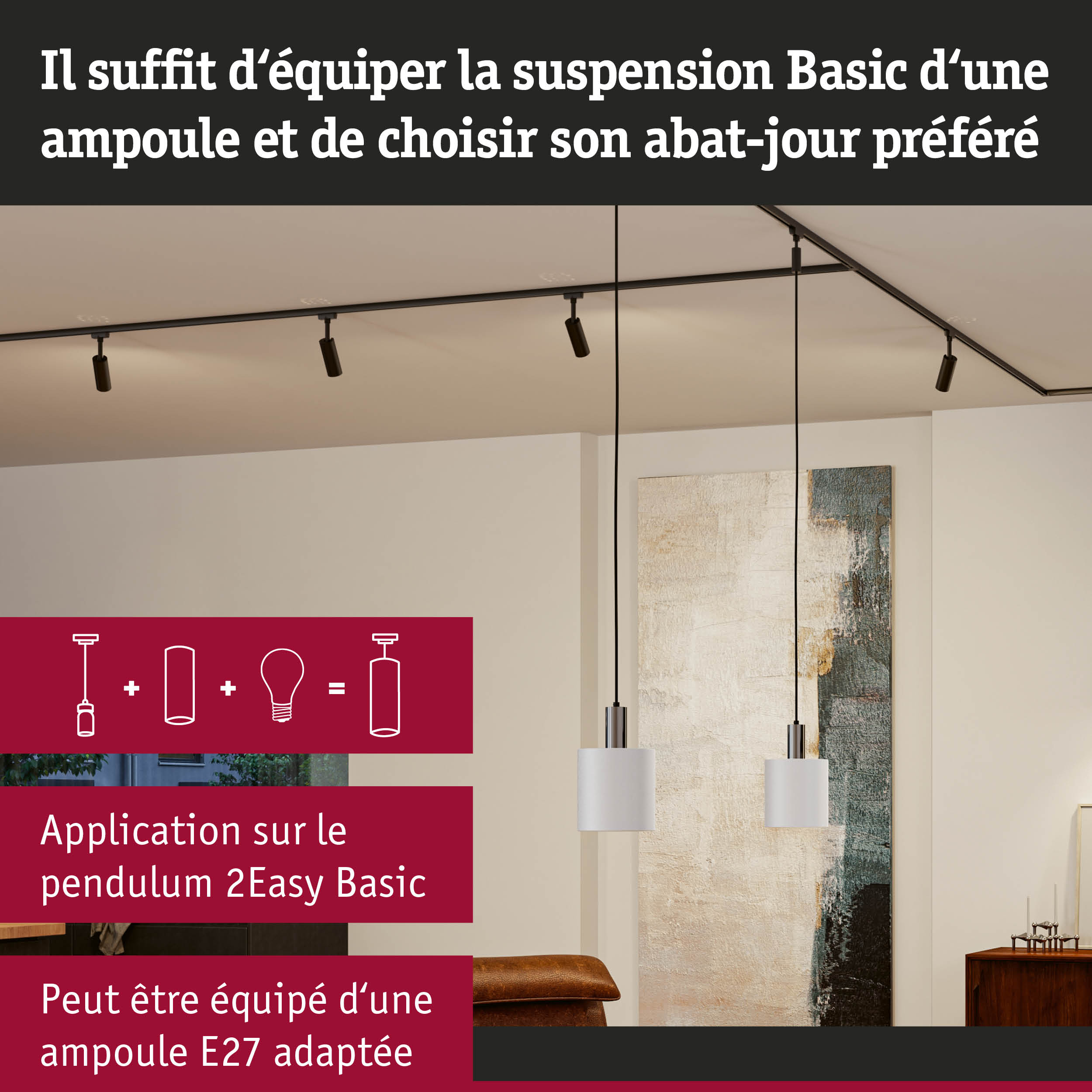 Suspension blanche moderne avec fixation métallique dans un salon élégant avec tableau décoratif.