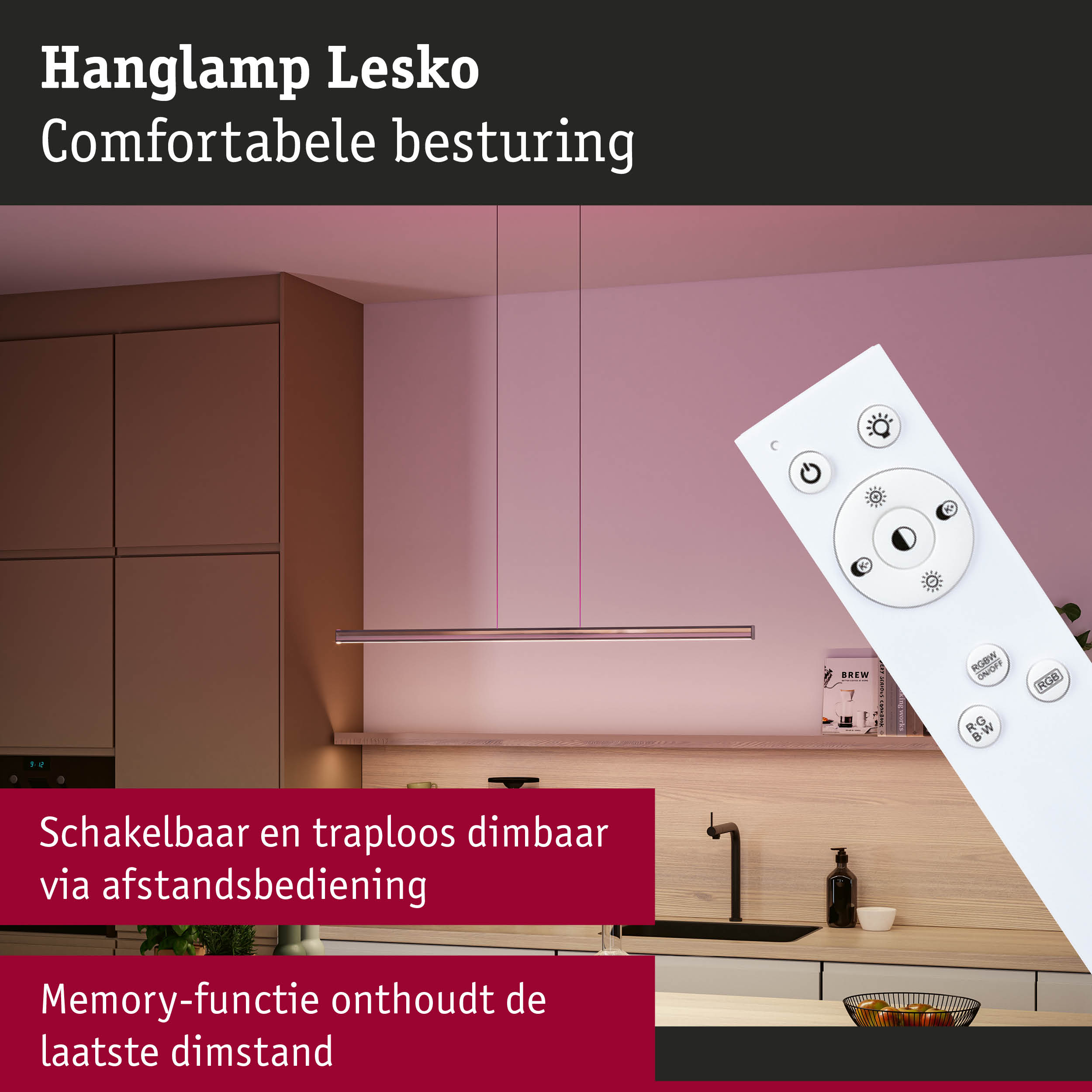 Moderne bruine Lesko hanglamp met afstandsbediening voor traploos dimmen in keuken
