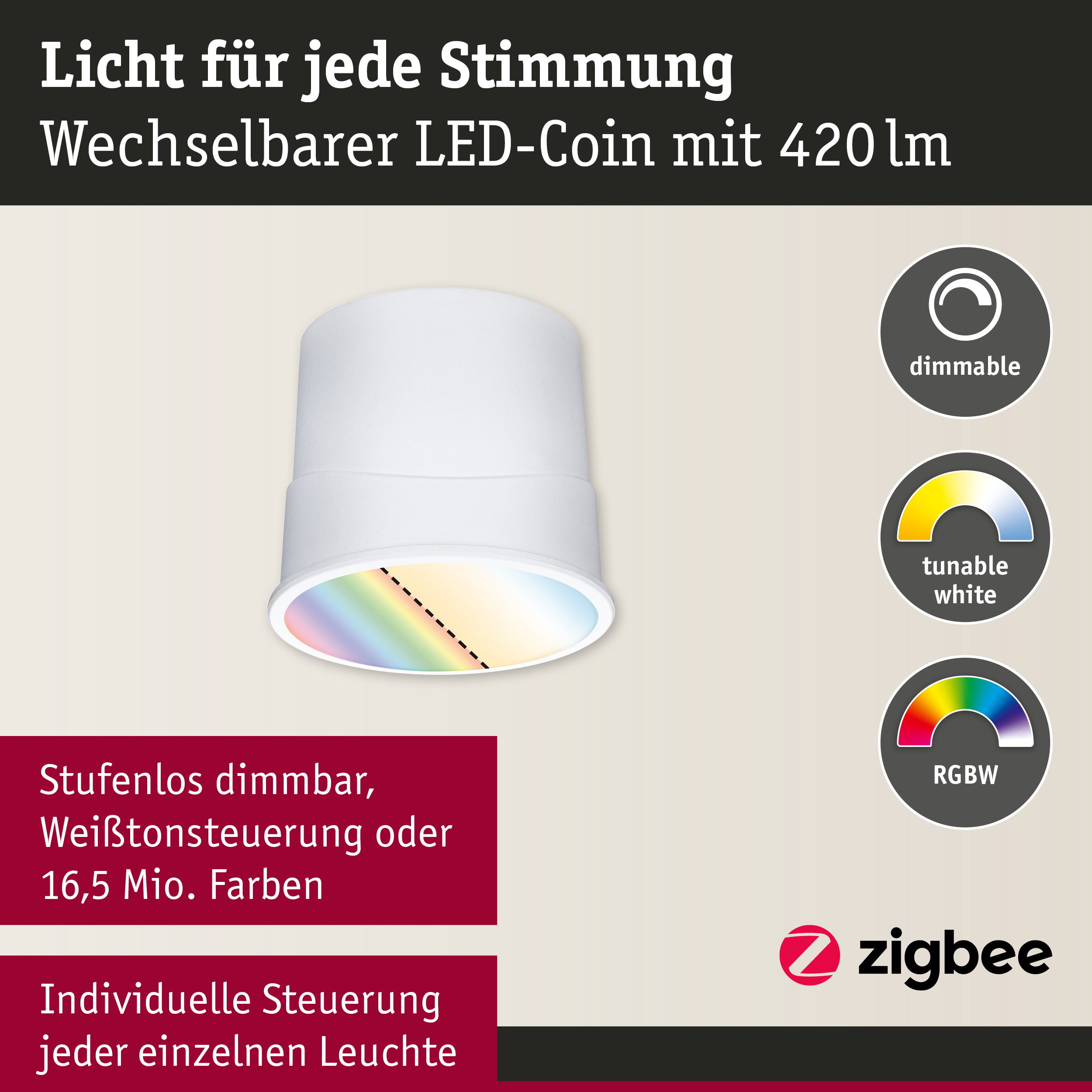 Weißer LED-Spot mit wechselbarem LED-Coin, dimmbar und tunable white für individuelle Lichtsteuerung