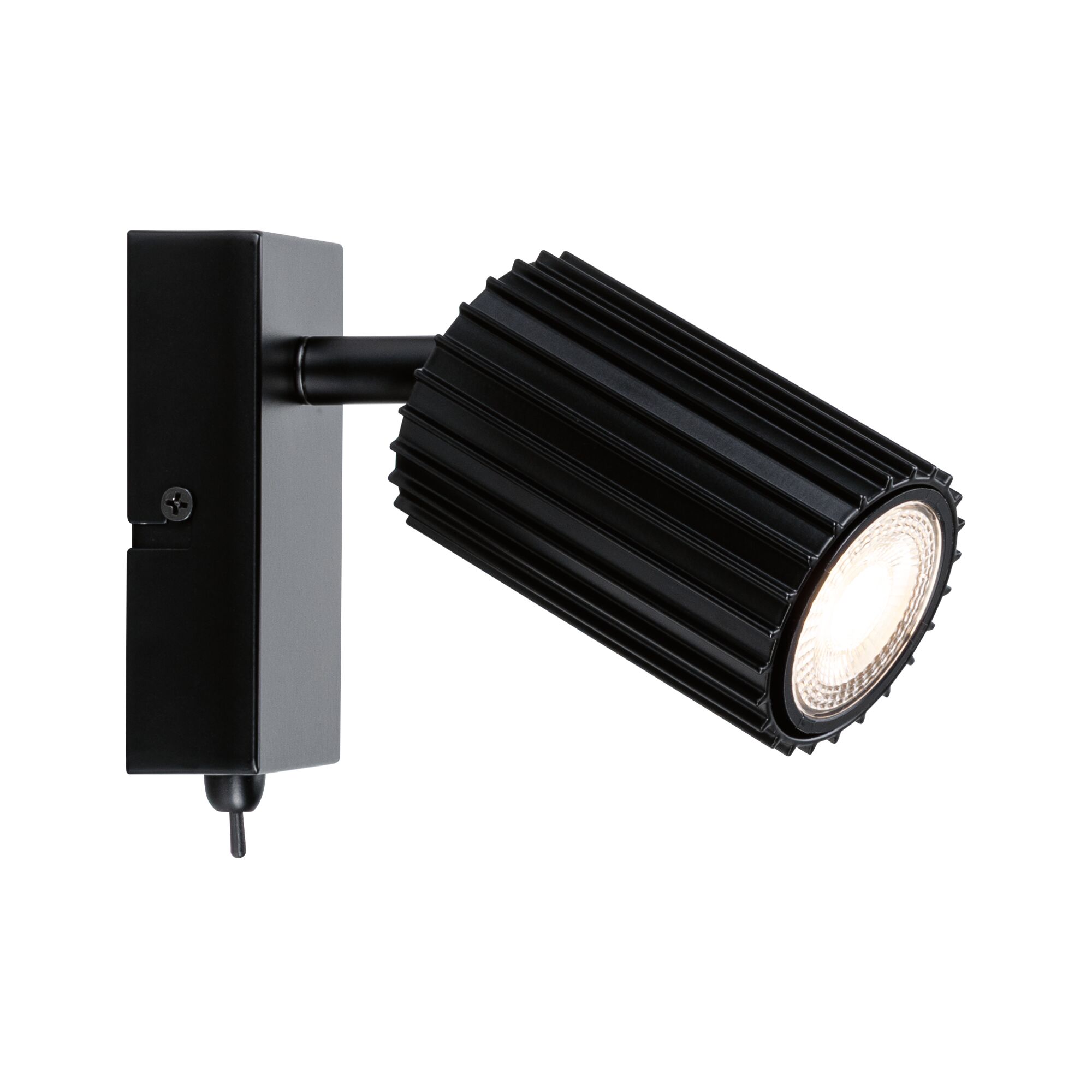 Black aluminium wall spotlight with ribbed housing and warm white LED light for modern indoor lighting
