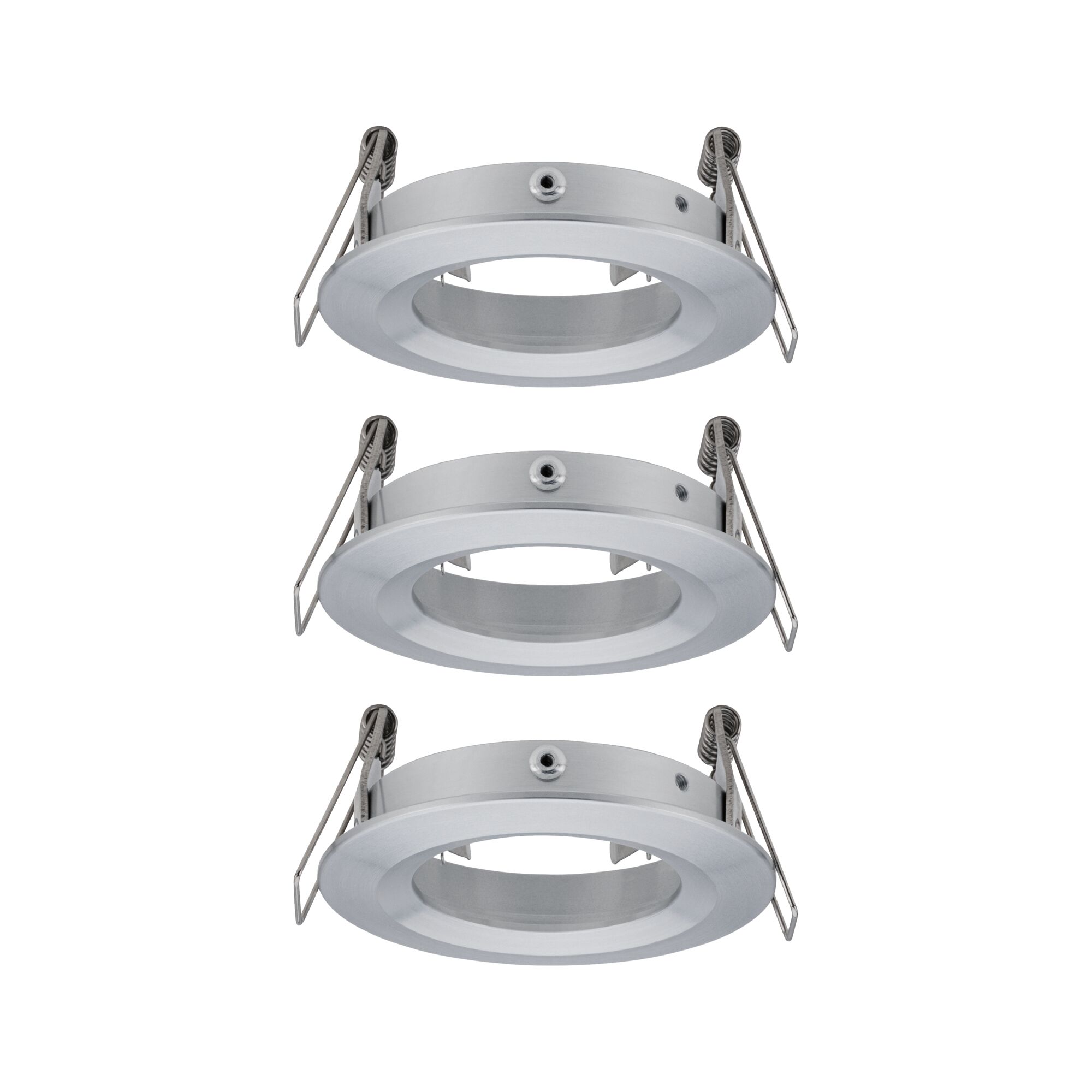 Trois cadres encastrés ronds en aluminium brossé argenté pour spots LED au plafond