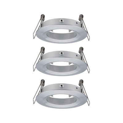 Trois cadres encastrés ronds en aluminium brossé argenté pour spots LED au plafond