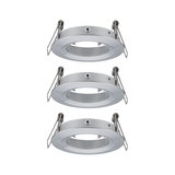 Three round brushed aluminum recessed frames in silver for LED spot ceiling installation