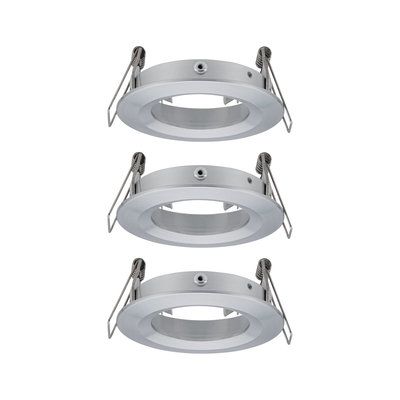 Three round brushed aluminum recessed frames in silver for LED spot ceiling installation