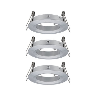 Three round brushed aluminum recessed frames in silver for LED spot ceiling installation