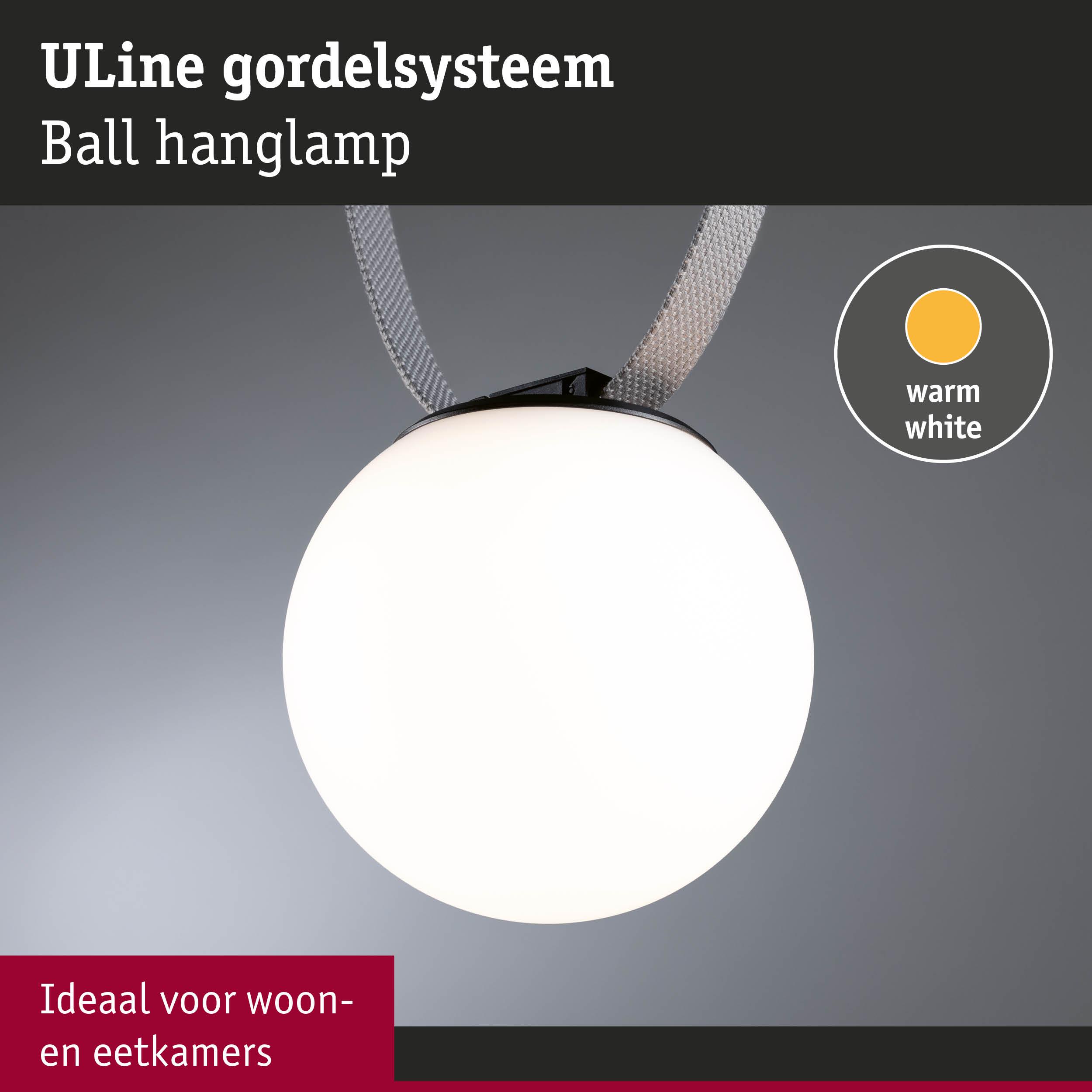 Uline Ball hanglamp met warmwit licht en witte bol, ideaal voor woon- en eetkamers