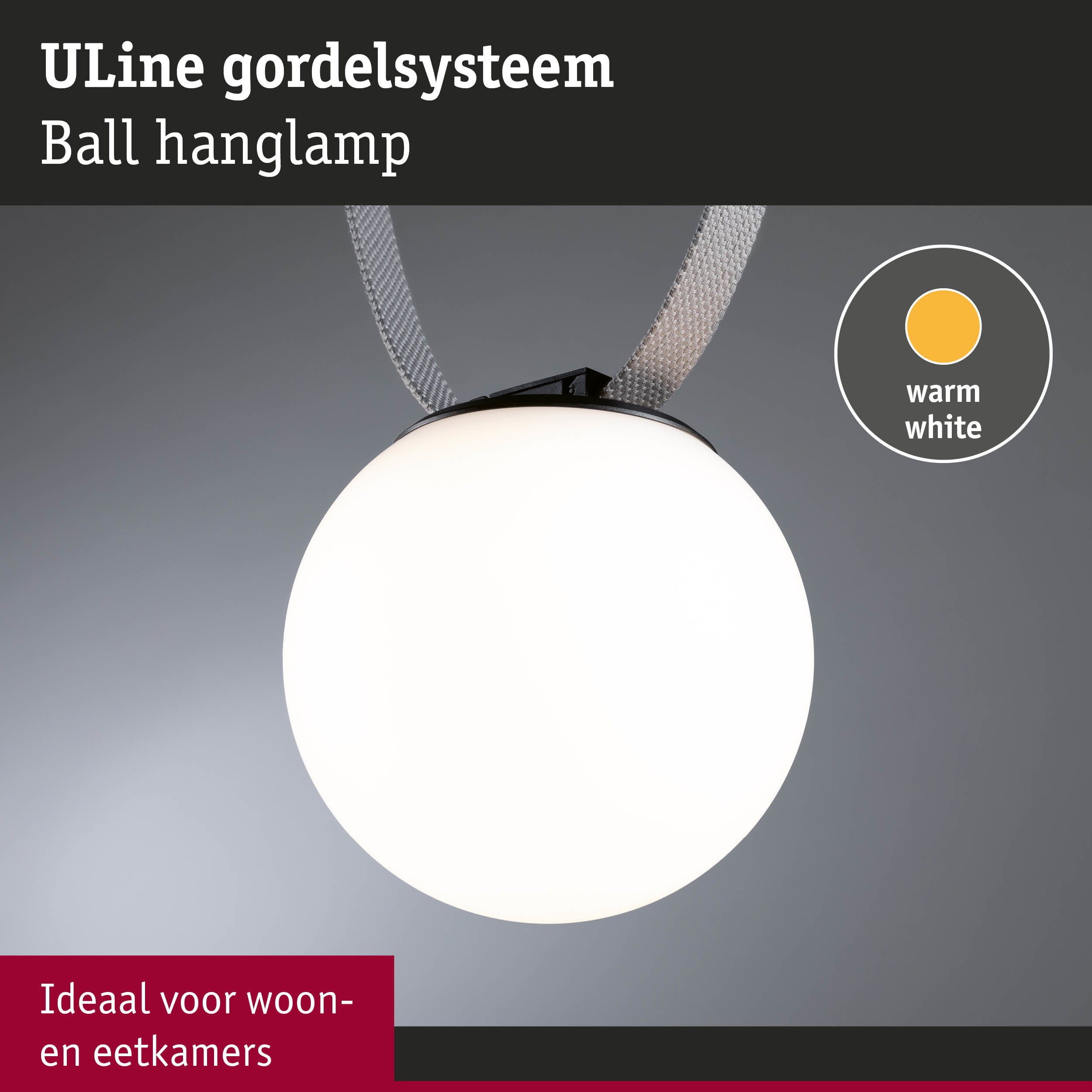 Uline Ball hanglamp met warm wit licht en grijze textielkabel, ideaal voor woon- en eetkamers