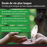 Ampoule LED durable 50 000 h, éclairage écologique avec moins de déchets et longue durée.