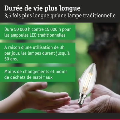 Ampoule LED durable 50 000 h, éclairage écologique avec moins de déchets et longue durée.