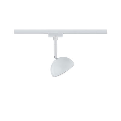 Moderner weißer LED-Spot aus Metall an Schienensystem für flexible Raumbeleuchtung