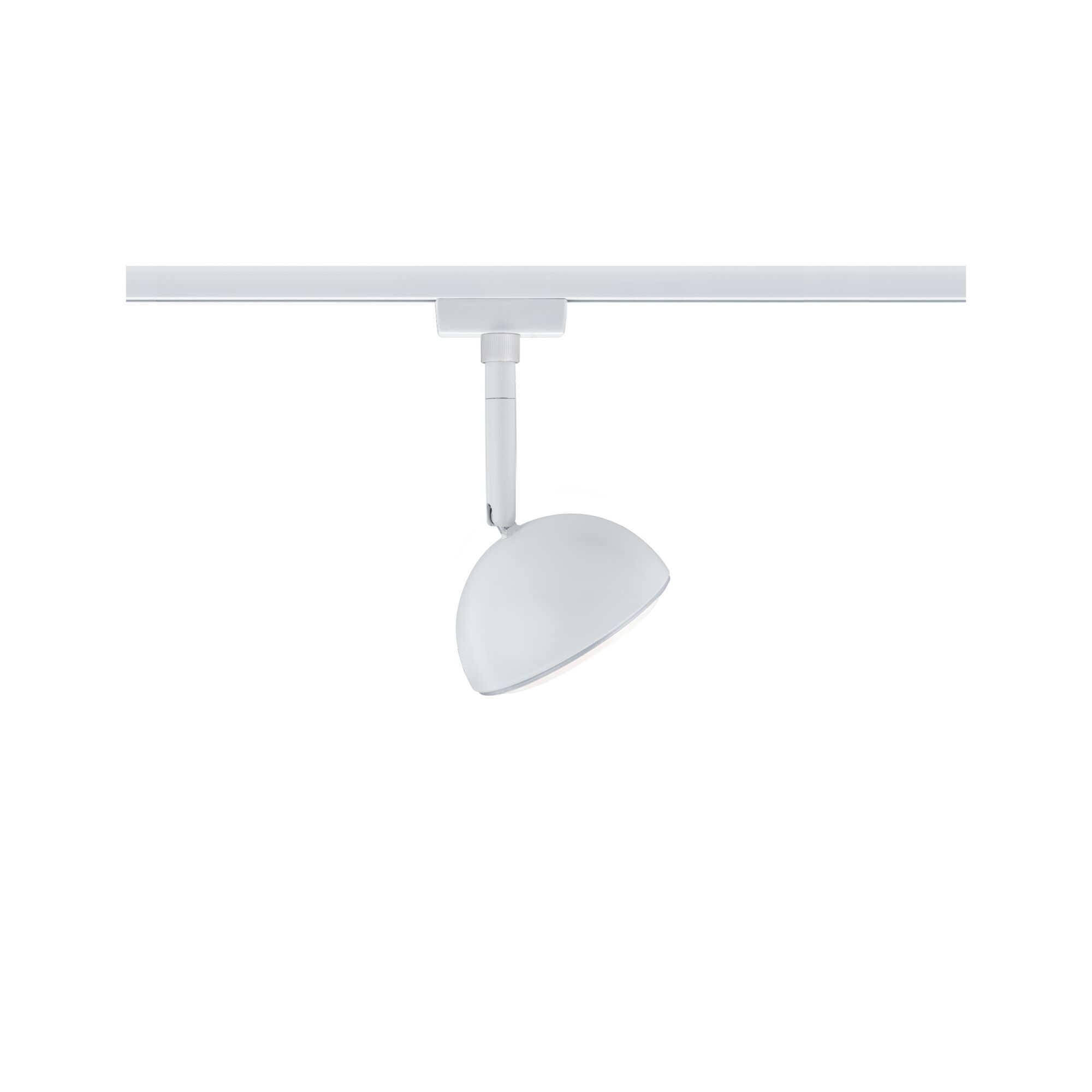 Moderner weißer LED-Spot aus Metall an Schienensystem für flexible Raumbeleuchtung