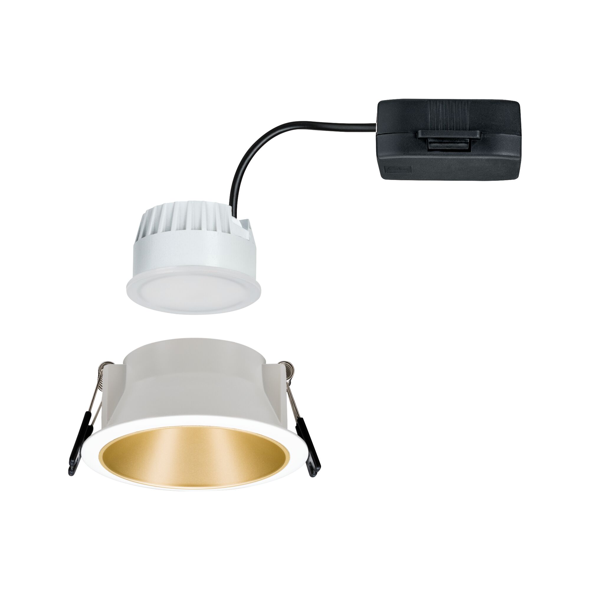 Weißer LED-Einbaustrahler mit goldfarbenem Reflektor und schwarzem Anschlusskabel für moderne Beleuchtung