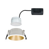 Weißer LED-Einbaustrahler mit goldfarbenem Reflektor und schwarzem Anschlusskabel für moderne Beleuchtung