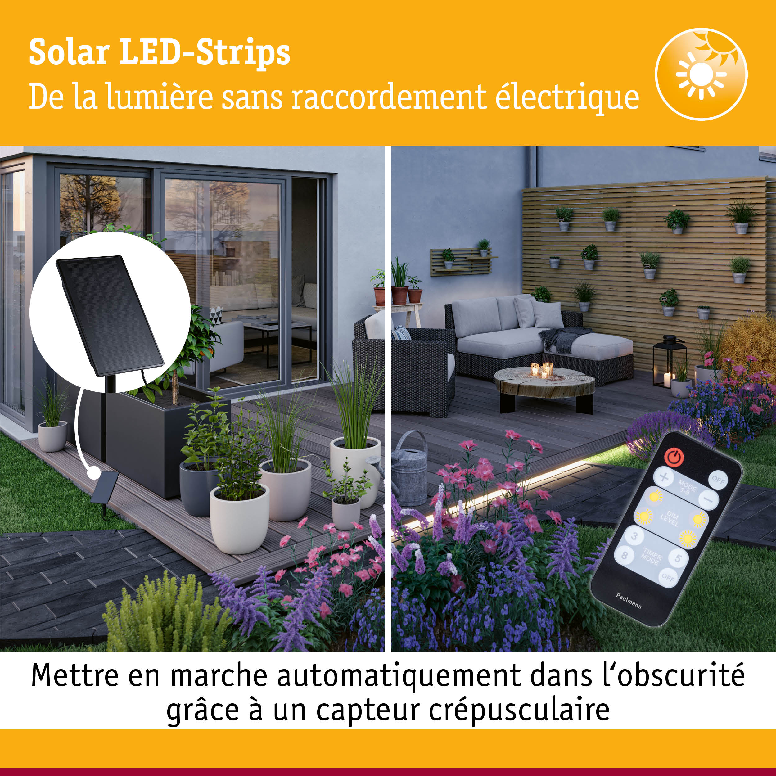 Bande LED solaire avec télécommande et capteur crépusculaire pour éclairage de jardin sans raccordement électrique